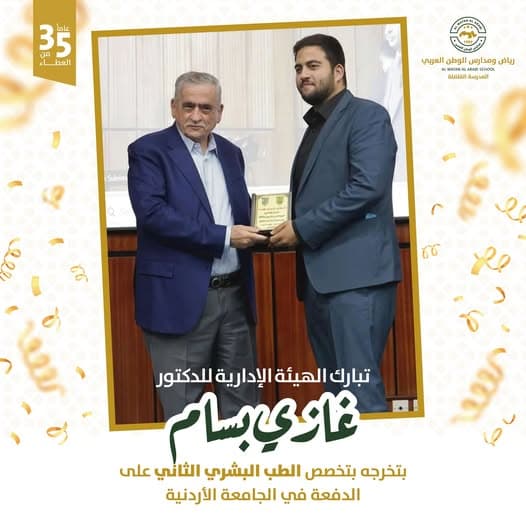 تتقدم الهيئة الإدارية في رياض ومدارس الوطن العربي بأحر التهاني للدكتور غازي بسام عبدالمحسن ابو خمسة