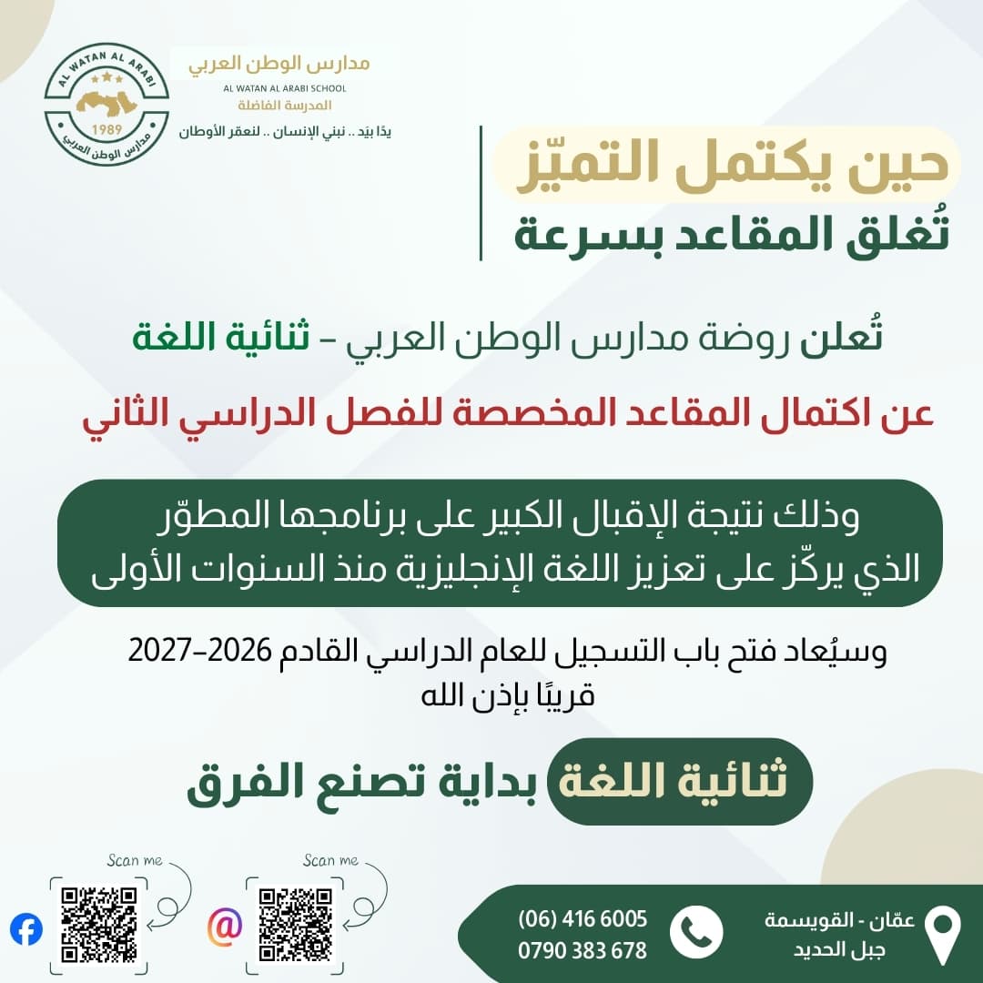 تُعلن روضة مدارس الوطن العربي – ثنائية اللغة عن اكتمال المقاعد المخصصة للفصل الدراسي الثاني