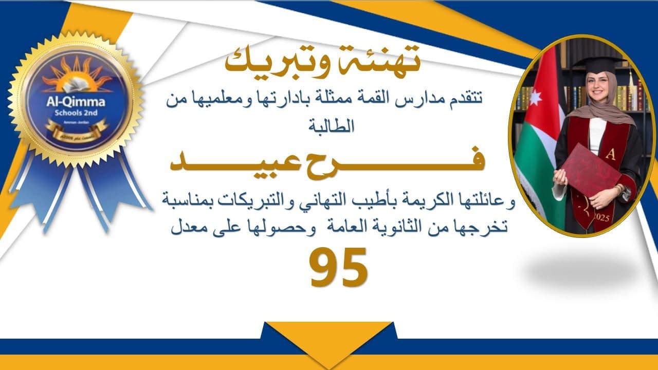 تتقدم مدارس القمة من الطالبة فرح عبيد بأطيب التهاني والتبريكات