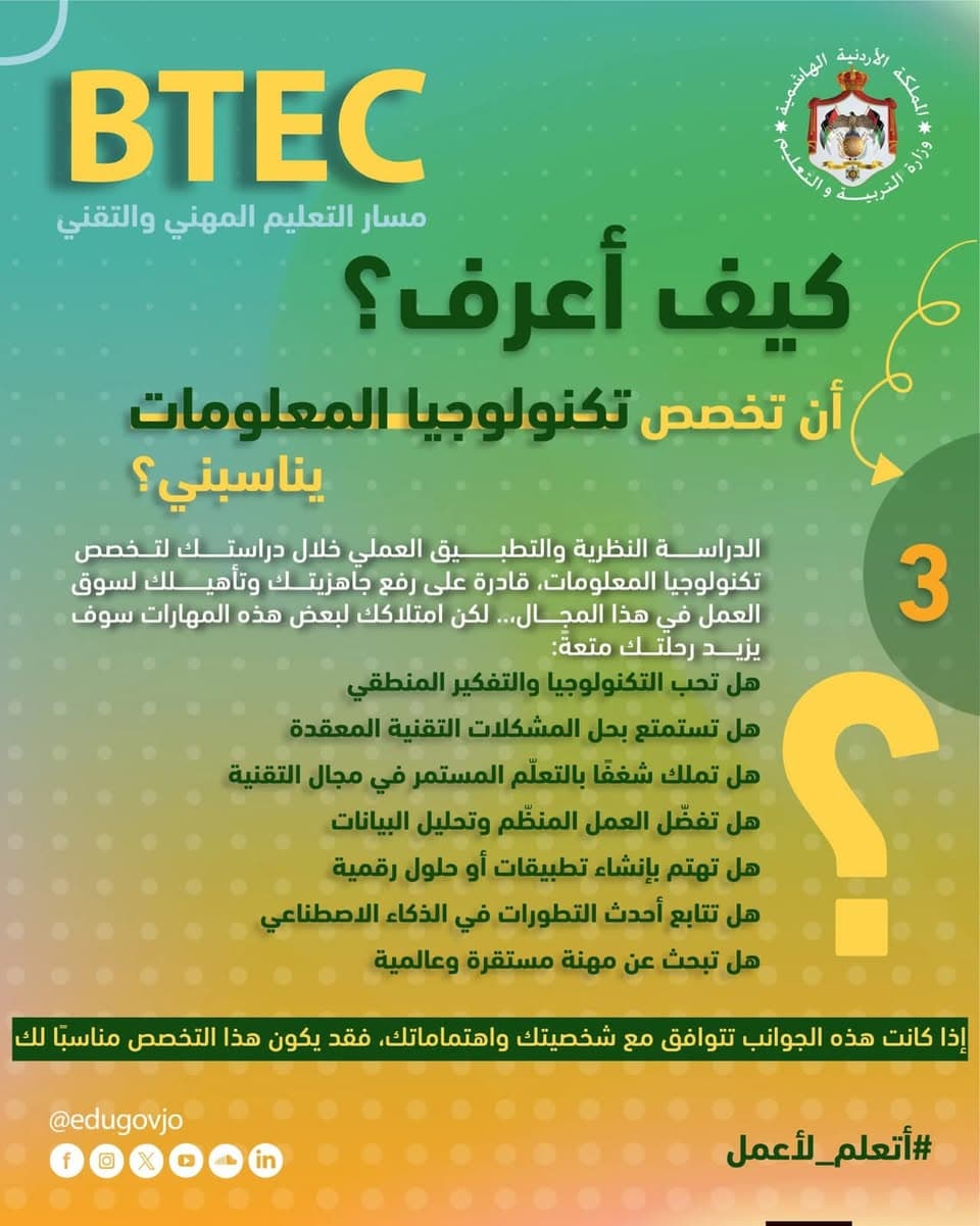 نظام BTEC في مدارس الفرقان  تخصص تكنولوجيا المعلومات