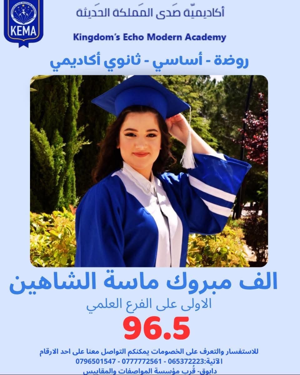 الف مبروك لطالبتنا الأولى على الفرع العلمي الطالبة المبدعة ماسة الشاهين