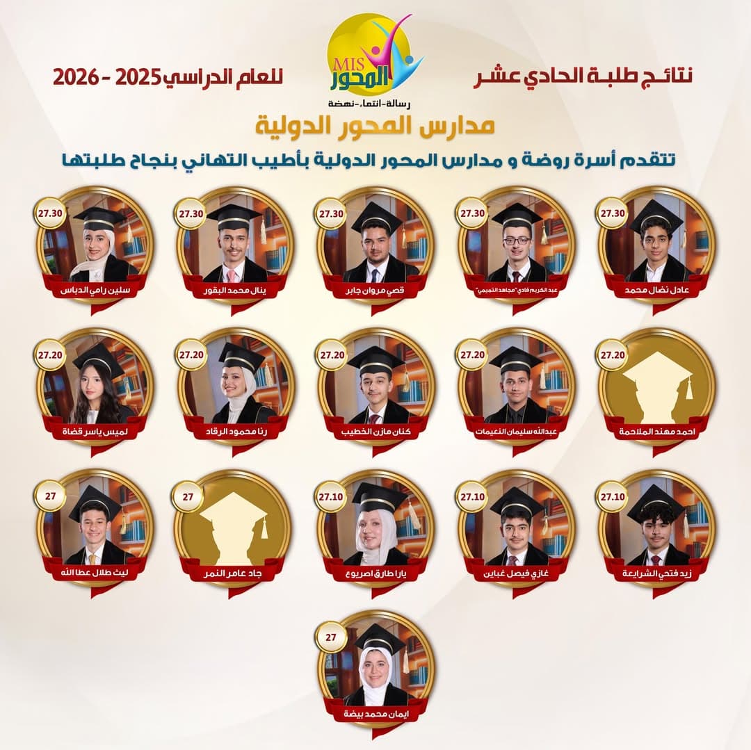 تزف لكم إدارة مدارس المحور الدولية طلبتها المتفوقين في امتحان الثانوية العامة للعام 2026